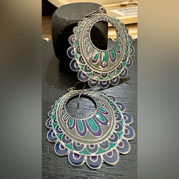 Silver and Purple Mandala Statement Earrings - Picture 2 of 4